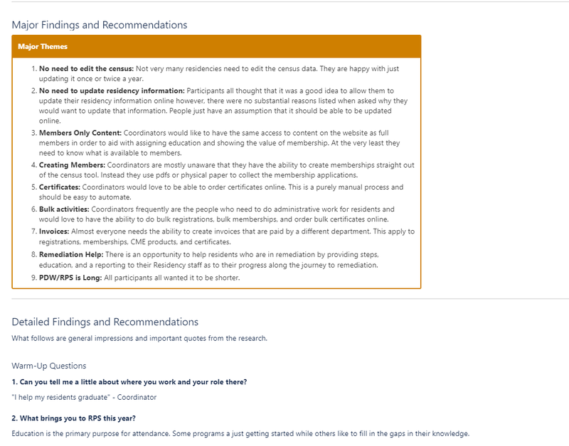 Major findings and recommendations section of the customer interview template